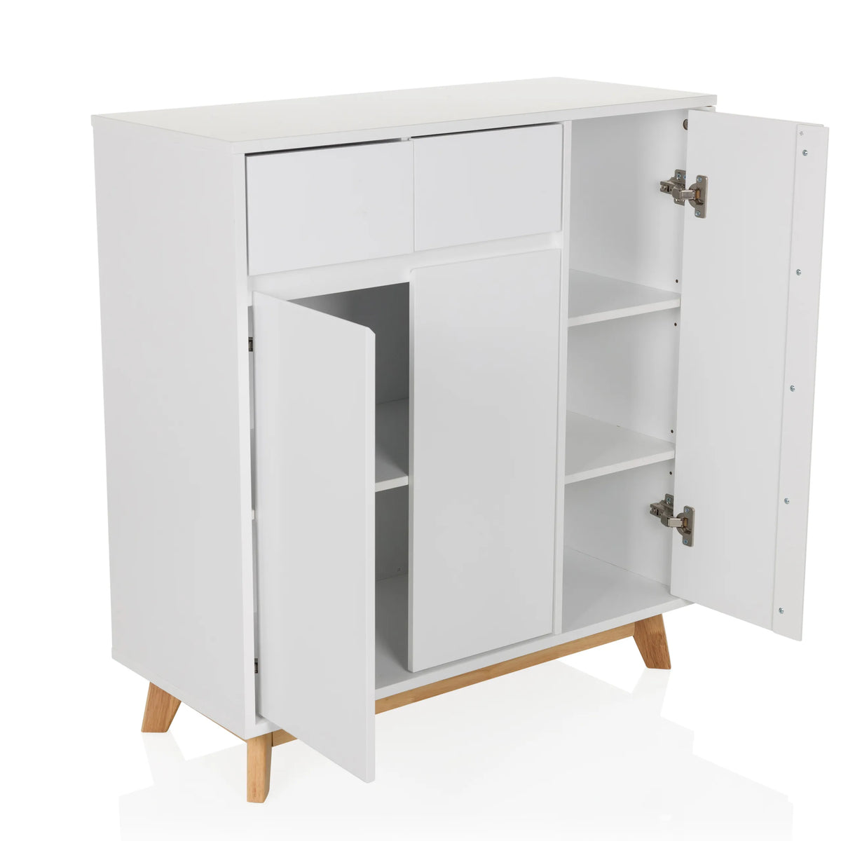 Cassettiera bianca ESTHA con due cassetti, due ante e piedi in legno chiaro di hjh LIVING