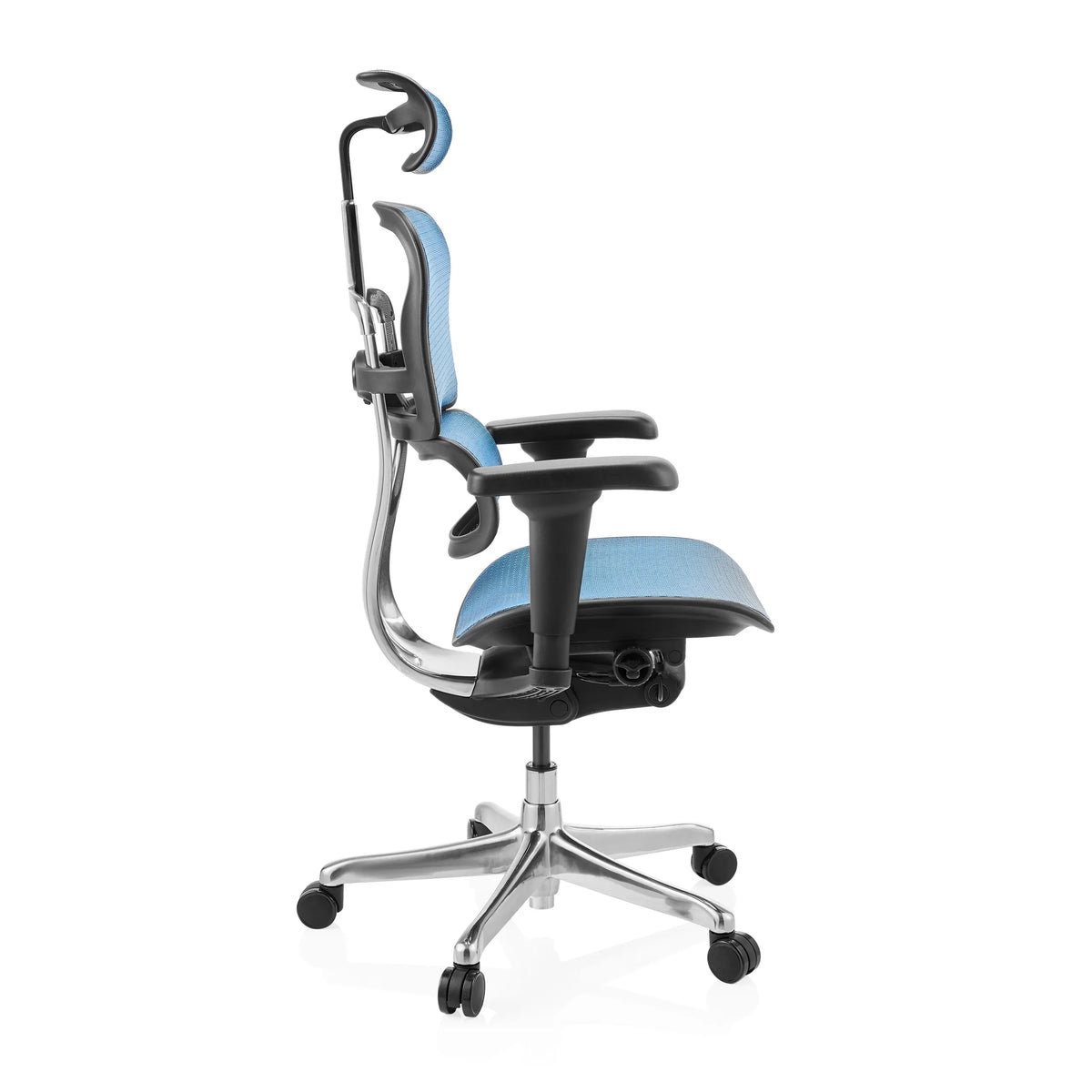 Poltrona di lusso ERGOHUMAN ULTRA GEN2 blu con schienale in rete, poggiatesta e base a cinque ruote di hjh OFFICE – vista a 360° (vista frontale 0°)
