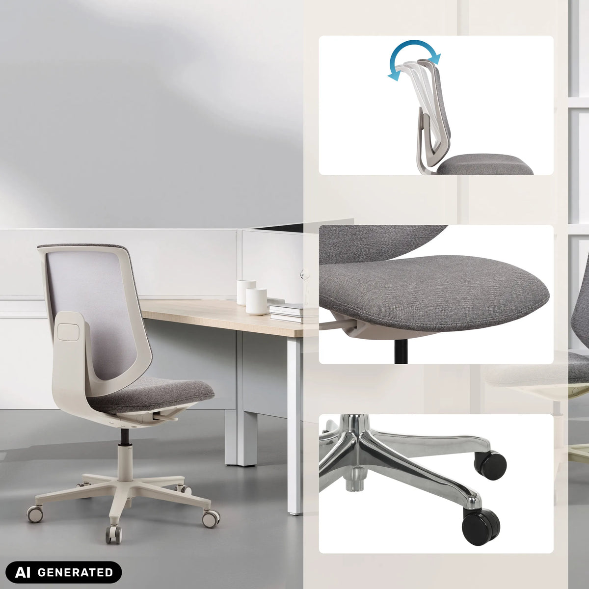 Sedia Home Office Sitflex Lady grigia con dettagli dello schienale, della seduta e delle rotelle di hjh OFFICE (immagine generata dall’IA)