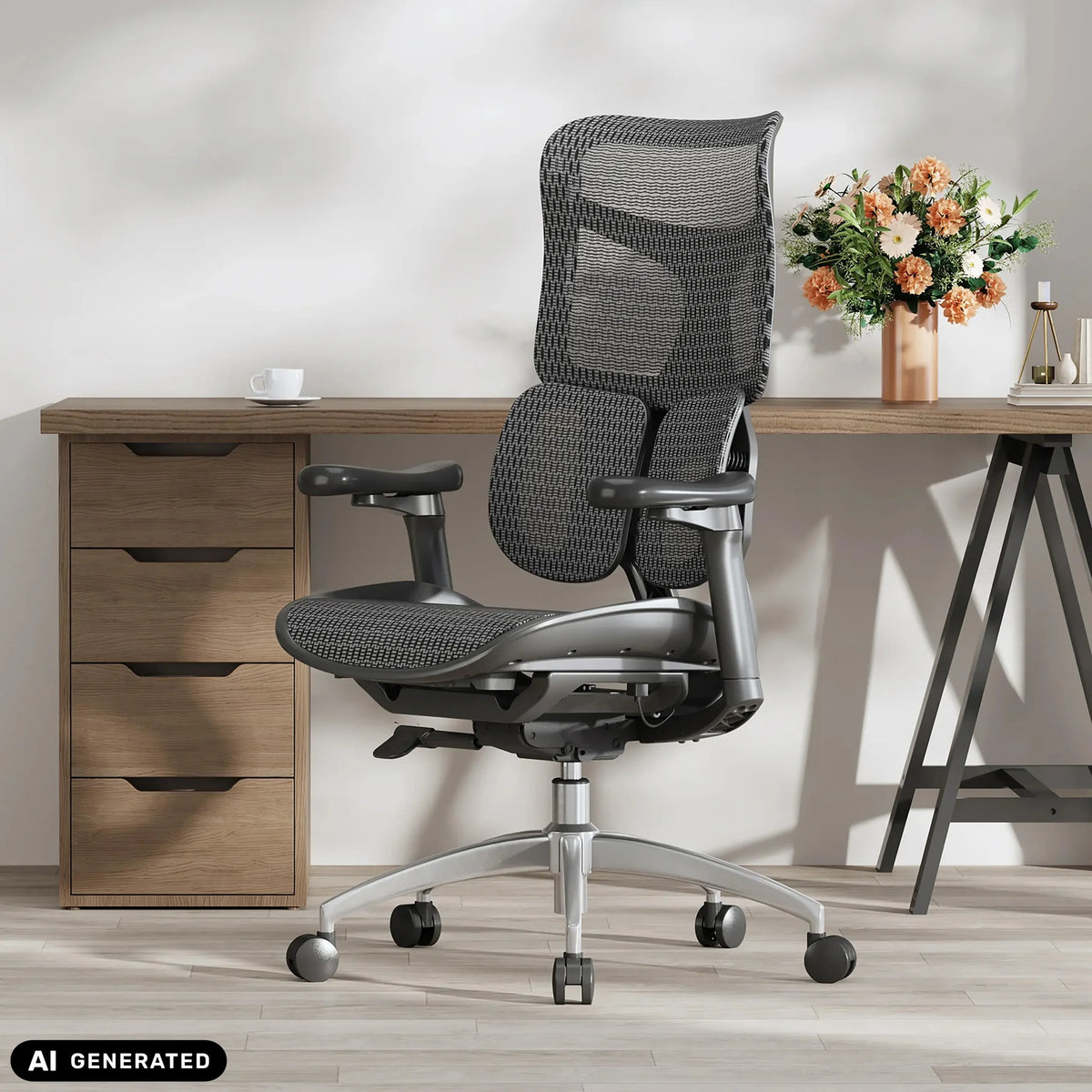 Sedia da ufficio professionale S100-M301 in nero con schienale in rete e braccioli regolabili di Sihoo (immagine generata dall’IA)