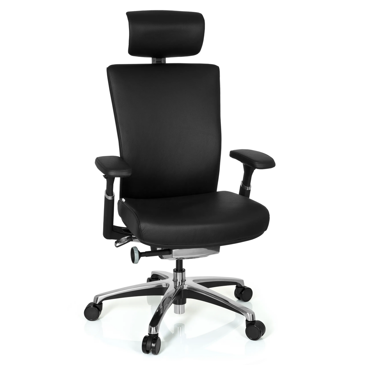 Sedia da ufficio professionale NOVA nera in pelle con poggiatesta e base a cinque ruote di hjh OFFICE – vista a 360° (vista frontale 20°)