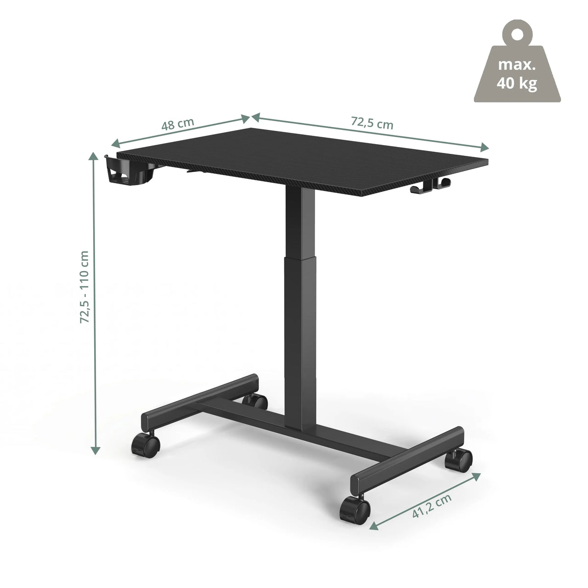 Disegno dimensionale della Scrivania in piedi Stand K con una larghezza di 72,5 cm di hjh OFFICE