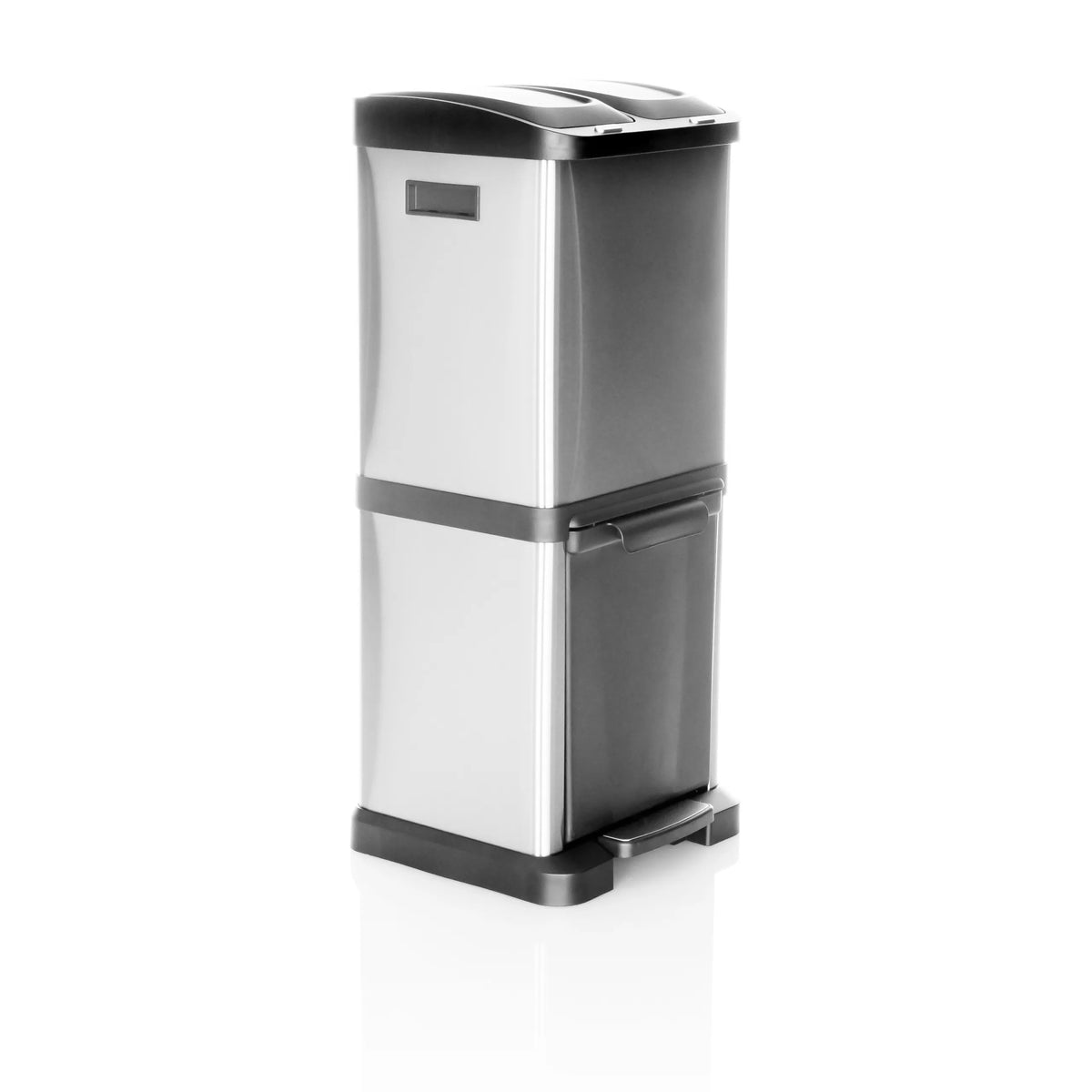 Cestini argento CLEAN VII con due contenitori separati e pedale di hjh OFFICE – vista a 360° (vista frontale a tre quarti 45°)