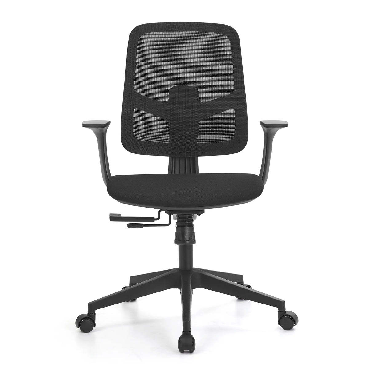 Schwarzer Homeoffice-Bürostuhl Malio mit Netzrücken und Fußkreuz mit fünf Rollen von hjh OFFICE – 360-Grad-Ansicht (Frontansicht 0°)