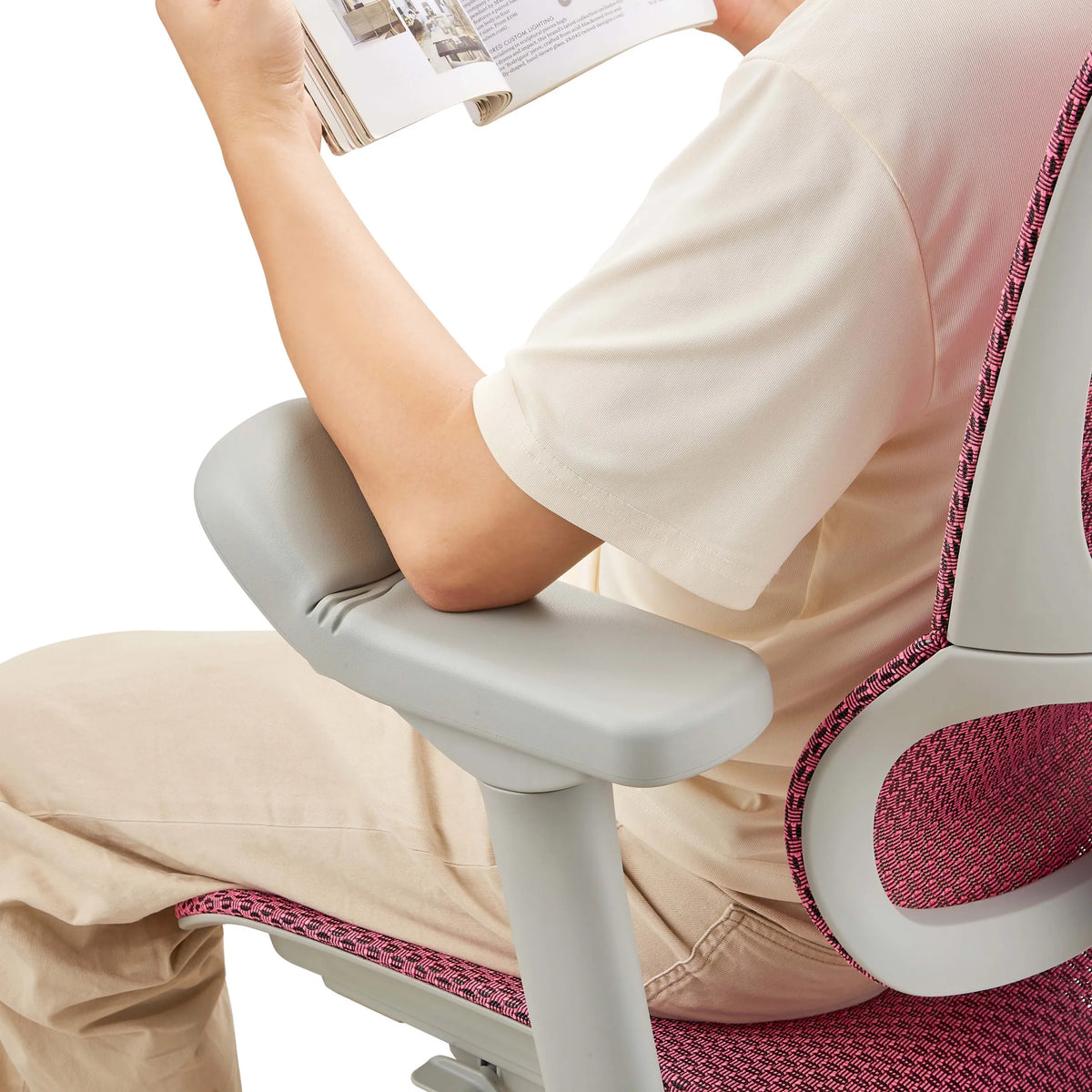 Bracciolo grigio e rivestimento in rete rosa della poltrona di lusso ERGOHUMAN SLIM G GEN2 di hjh OFFICE