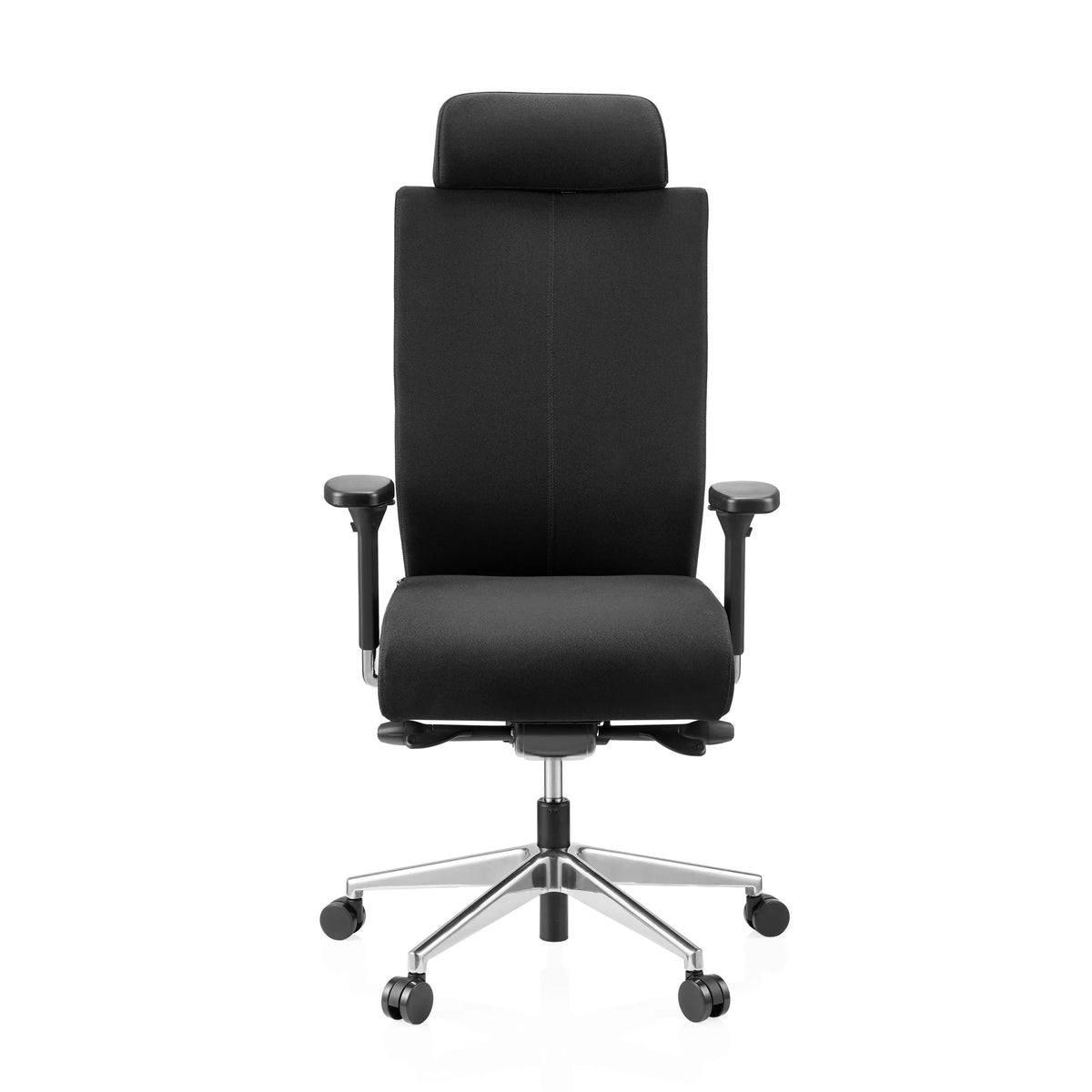Sedia da ufficio professionale PRO-TEC XXL nera con rivestimento in tessuto, poggiatesta e base a cinque ruote di hjh OFFICE – vista a 360° (vista frontale 0°)