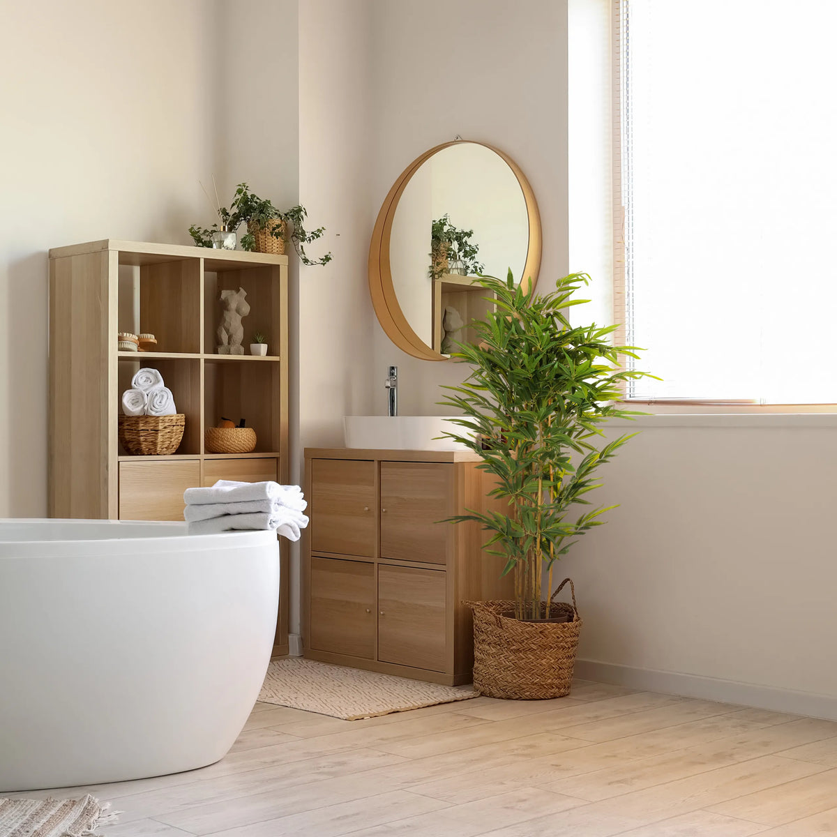 Pianta artificiale verde BAMBUS II in un cesto intrecciato accanto a un lavabo da bagno di hjh OFFICE