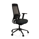 Sedia da ufficio professionale CHIARO T1 BLACK nera con schienale in rete e base a cinque ruote di hjh OFFICE – vista a 360° (vista frontale a tre quarti 60°)