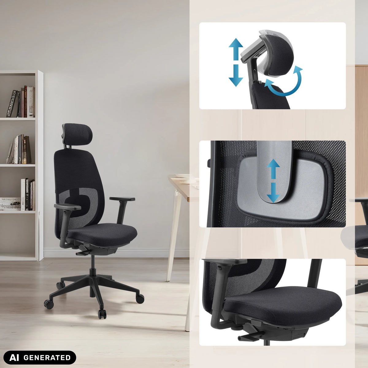 Poggiatesta e supporto lombare regolabili della sedia da ufficio professionale Skandis Pro di hjh OFFICE (immagine generata dall’IA)