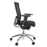 Sedia da ufficio professionale ASTRA BASE N nera con schienale in rete e base lucida a cinque ruote di hjh OFFICE – vista a 360° (profilo laterale 80°)