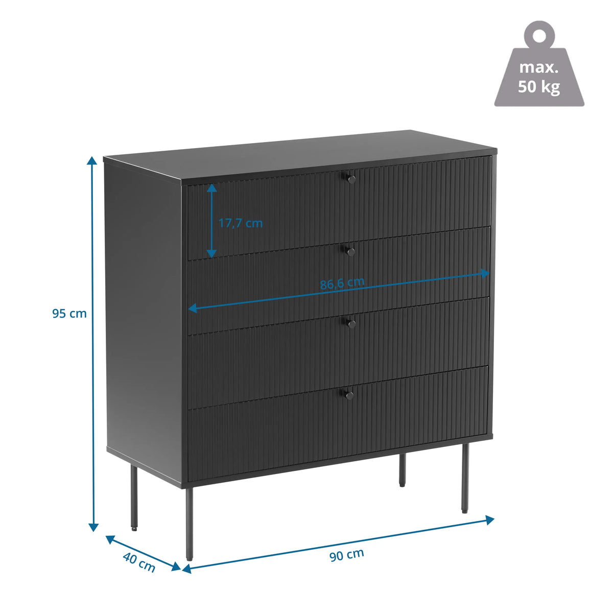 Disegno tecnico della Cassettiera KARBY K con 90 × 95 cm e una portata di 50 kg di hjh LIVING