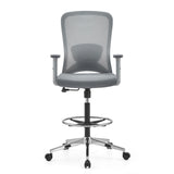 Sedia da banco Top Work 44 W grigia con schienale in rete, poggiapiedi e base a cinque ruote di hjh OFFICE – vista a 360° (vista frontale 0°)