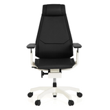 High-end Sedia da ufficio GENIDIA PRO WHITE nera in pelle con base bianca e cinque ruote di hjh OFFICE – vista a 360° (vista frontale 0°)