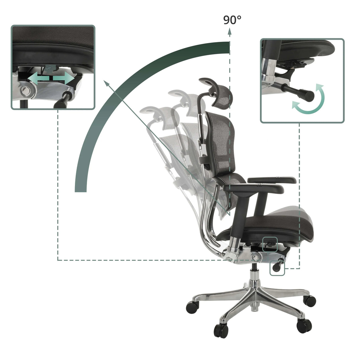 Meccanismi di regolazione e funzione di reclinazione della poltrona di lusso ERGOHUMAN GEN2 con reclinazione fino a 90° di hjh OFFICE