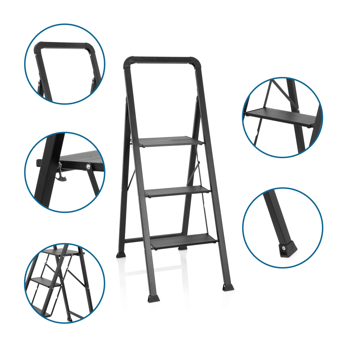 Scala richiudibile SOLID W6 nera con tre gradini, corrimano e piedi antiscivolo di hjh OFFICE