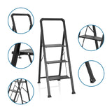 Scala richiudibile SOLID W6 nera con tre gradini, corrimano e piedi antiscivolo di hjh OFFICE