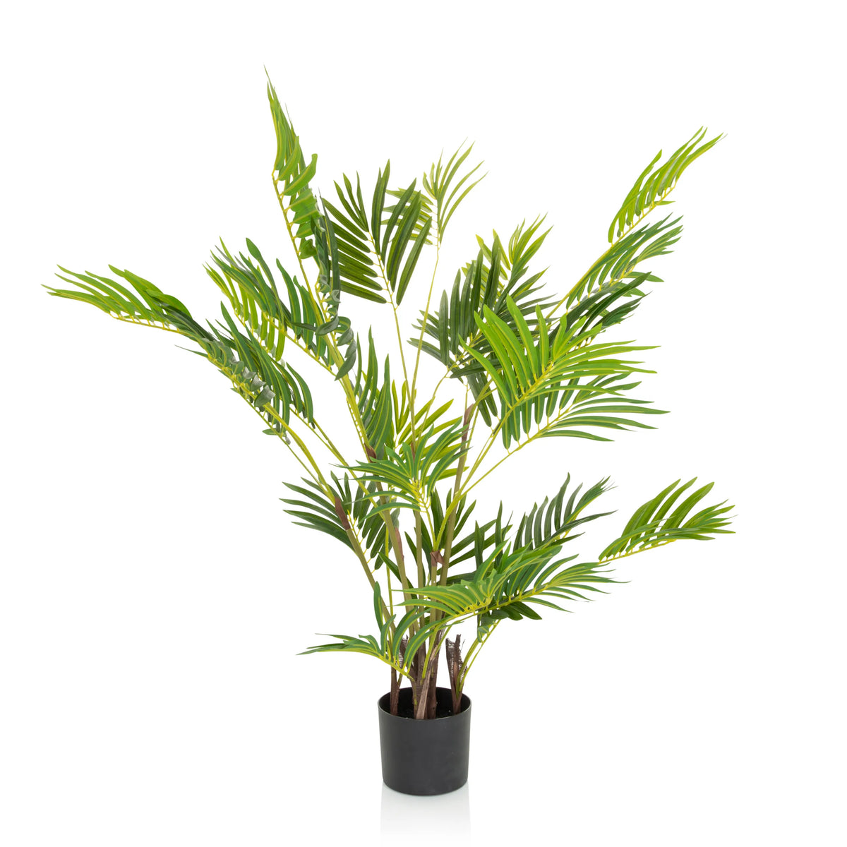 Grüne Kunstpflanze ARECA I mit palmenartigen Blättern in einem schwarzen Topf von hjh OFFICE – 360-Grad-Ansicht (Frontansicht 0°)