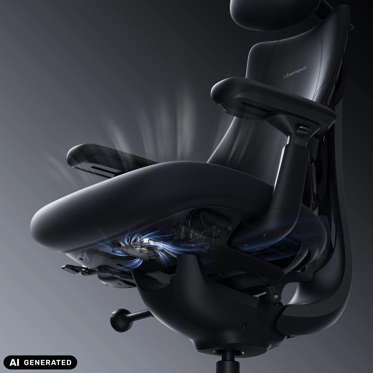 Meccanismo del sedile della high-end sedia da ufficio LiberNovo Omni Pro in grigio scuro di Libernovo (immagine generata dall’IA)
