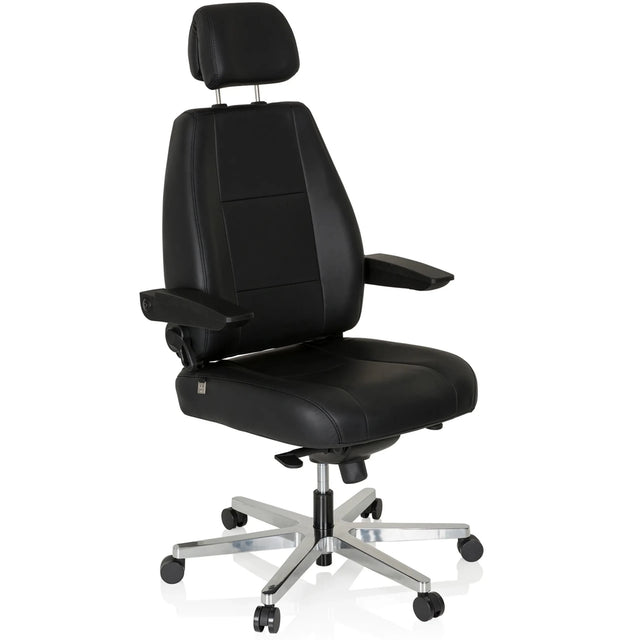 Sedia girevole XXL 24 HOURS in pelle nera con poggiatesta e base lucida di hjh OFFICE