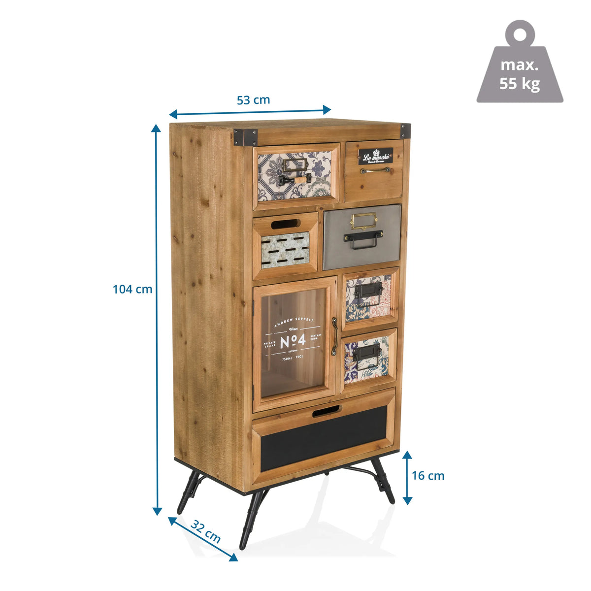 Vista dimensionale della Madia CONTINENTO S con 104 × 53 cm e una portata di 55 kg di hjh LIVING