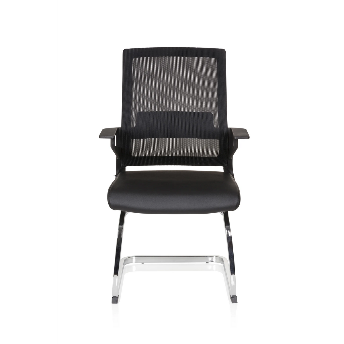 Sedia a sbalzo INVENTOR V PRO nera con schienale in rete, braccioli e base a slitta di hjh OFFICE – vista a 360° (vista frontale 0°)