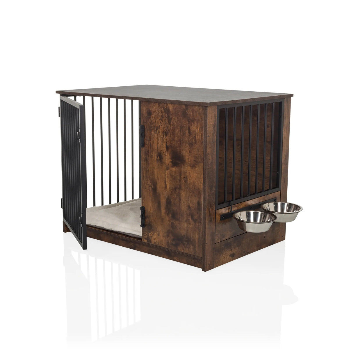 Trasportino per cane PAWHOME S in marrone con sbarre metalliche, una porta aperta e due ciotole per il cibo integrate di hjh LIVING