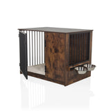 Trasportino per cane PAWHOME S in marrone con sbarre metalliche, una porta aperta e due ciotole per il cibo integrate di hjh LIVING