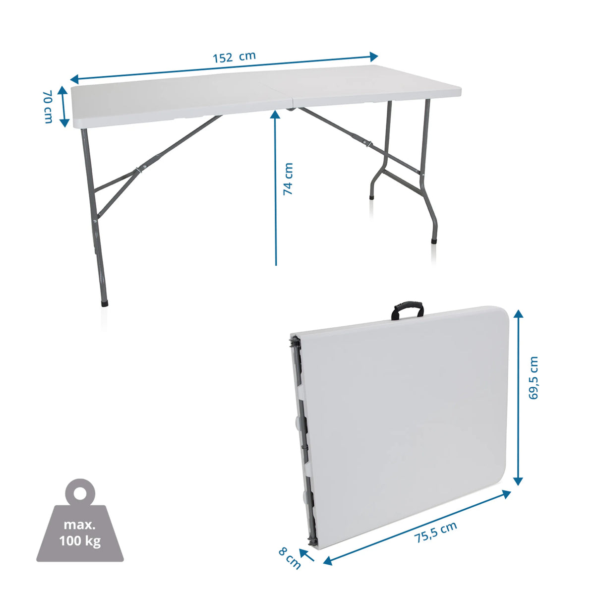 Disegno tecnico del Tavolo pieghevole EASY UP MULTI II con dimensioni 152 × 70 cm e una portata di 100 kg di hjh OFFICE