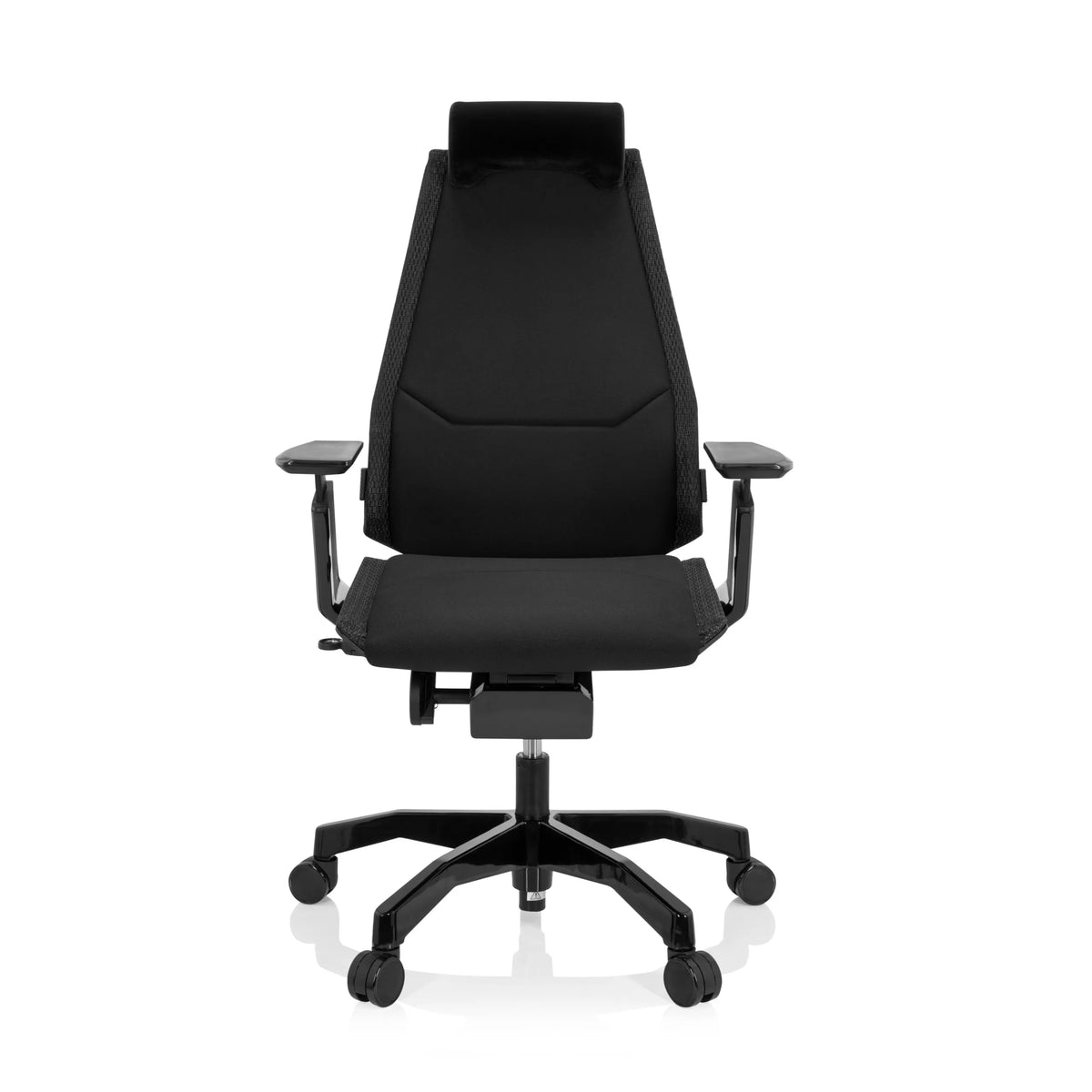 Schwarzer High-End-Bürostuhl GENIDIA BLACK mit Stoffbezug und Fußkreuz mit fünf Rollen von hjh OFFICE – 360-Grad-Ansicht (Frontansicht 0°)