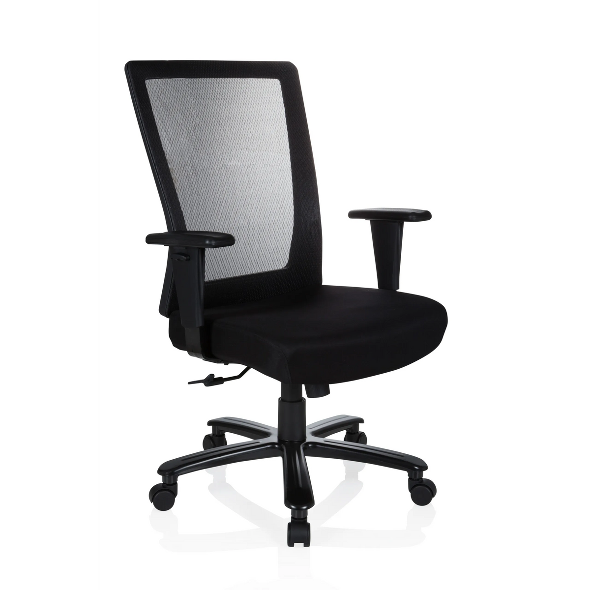 Sedia girevole XXL EXTENDER nera con schienale in rete e base a cinque ruote di hjh OFFICE – vista a 360° (vista frontale a tre quarti 40°)