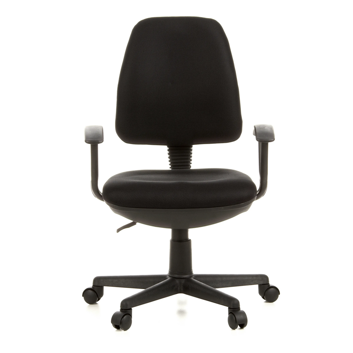 Schwarzer Homeoffice-Bürostuhl CITY 10 mit Netzrücken, Armlehnen und Fußkreuz mit fünf Rollen von hjh OFFICE – 360-Grad-Ansicht (Frontansicht 0°)