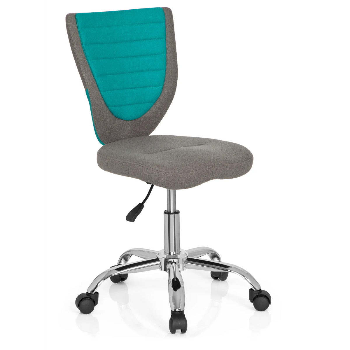 Sedia girevole per bambini KIDDY COMFORT grigio-turchese con base a stella e cinque rotelle di hjh OFFICE – vista a 360° (vista frontale a tre quarti 40°)