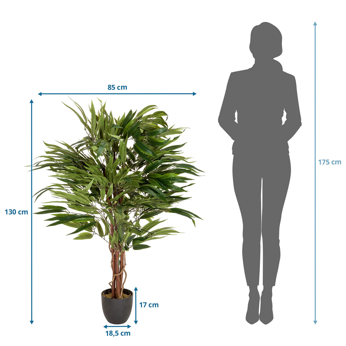 Disegno tecnico della Piante artificiali MANGO con un'altezza di 130 cm e una larghezza di 85 cm di hjh OFFICE