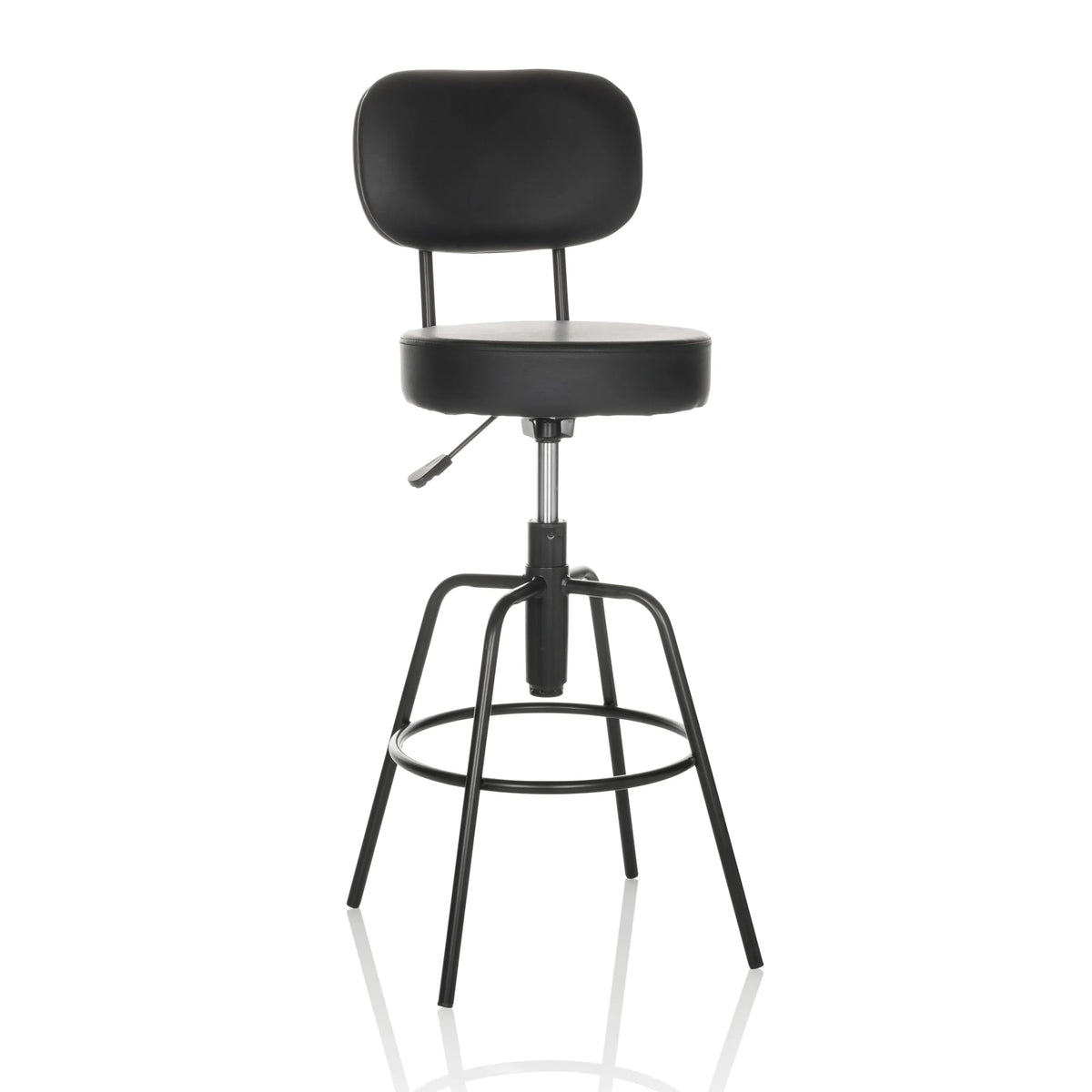 Sgabello da bar nero DISC HIGH con schienale e poggiapiedi rotondo di hjh OFFICE – vista a 360° (vista frontale 15°)
