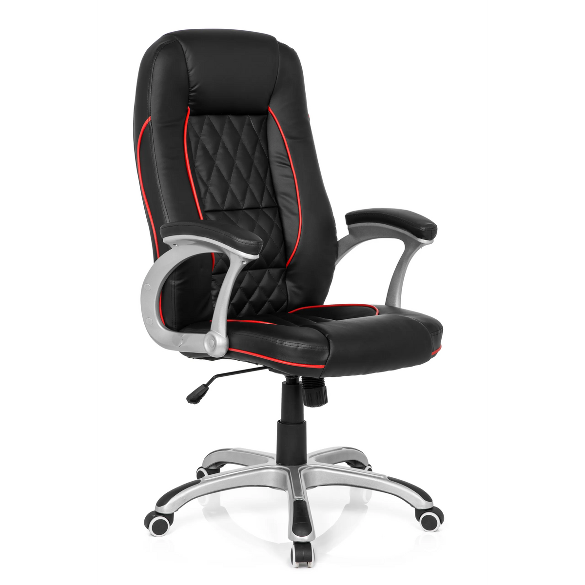 Sedia da gaming RELAX AB100 nera con cuciture decorative rosse, trapuntatura e base a cinque ruote di MyBuero – vista a 360° (vista frontale a tre quarti 40°)