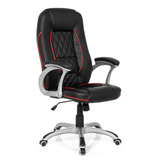 Sedia da gaming RELAX AB100 nera con cuciture decorative rosse, trapuntatura e base a cinque ruote di MyBuero – vista a 360° (vista frontale a tre quarti 40°)