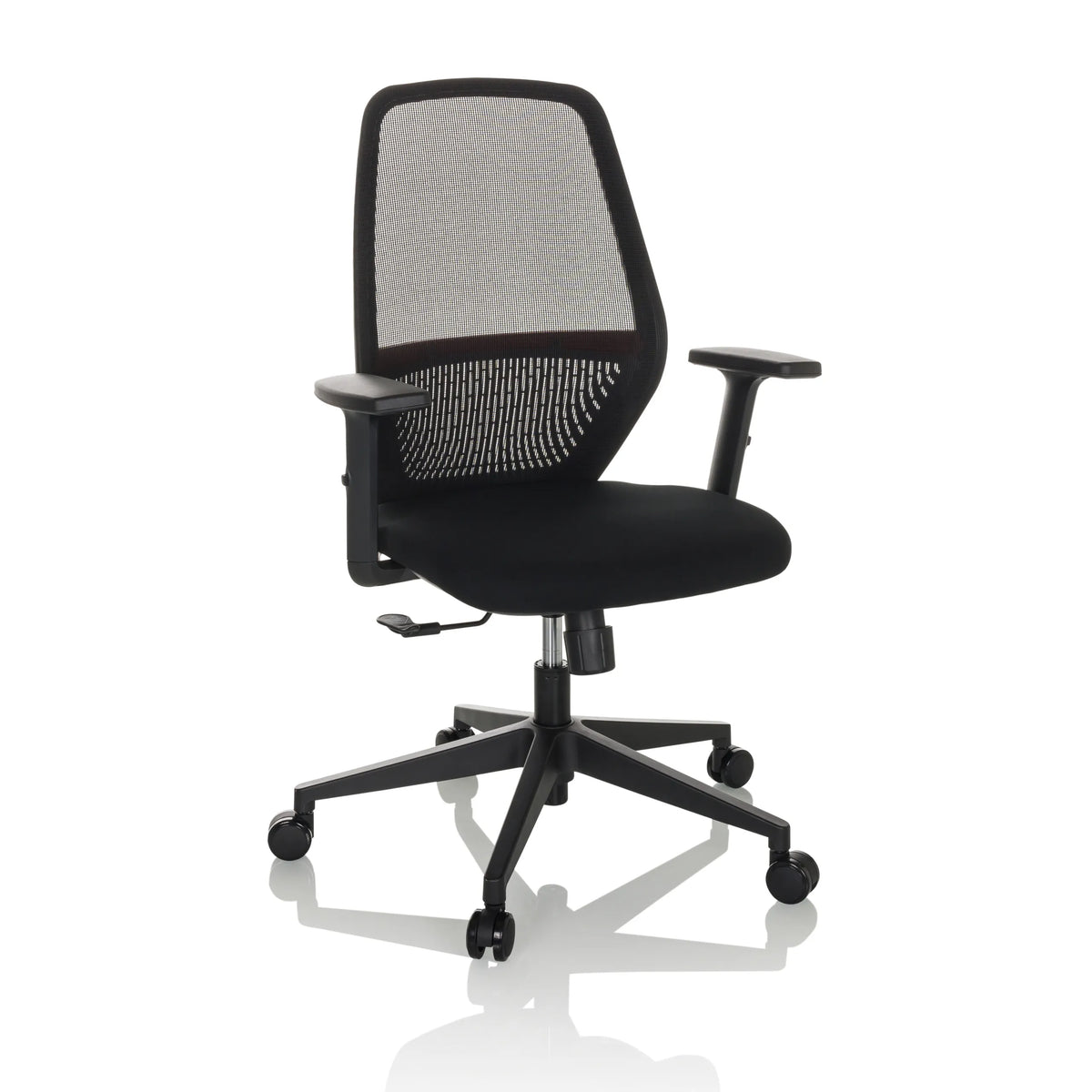 Sedia da ufficio professionale CARLOW I nera con schienale in rete e base a cinque ruote di hjh OFFICE – vista a 360° (vista frontale 15°)