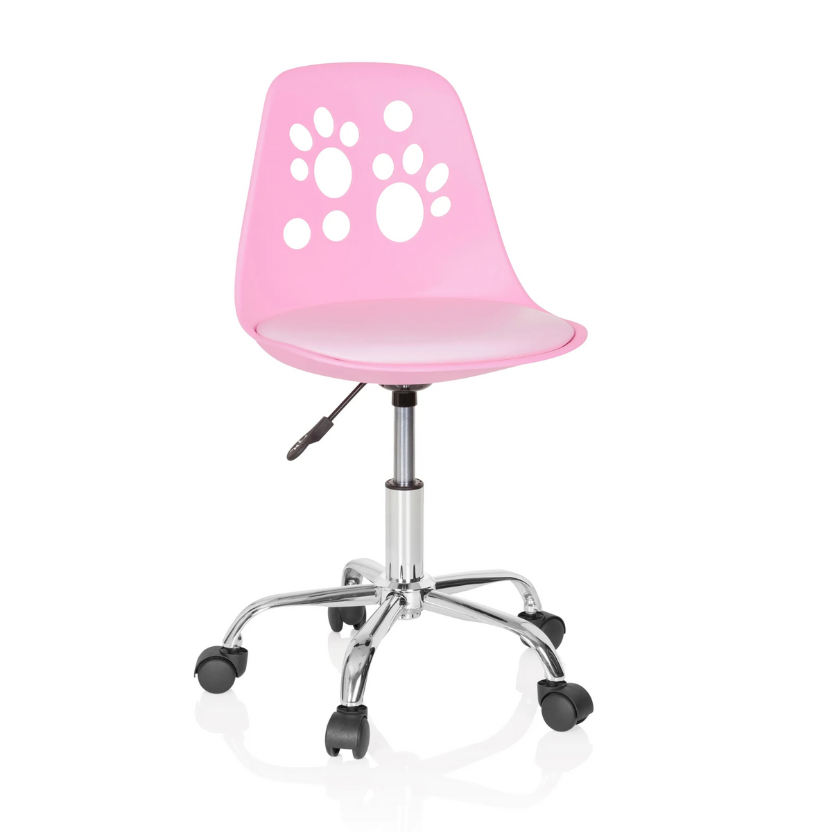 Sedia girevole per bambini FANCY I rosa con motivi a zampa sullo schienale e base a cinque ruote di hjh OFFICE – vista a 360° (vista frontale 20°)