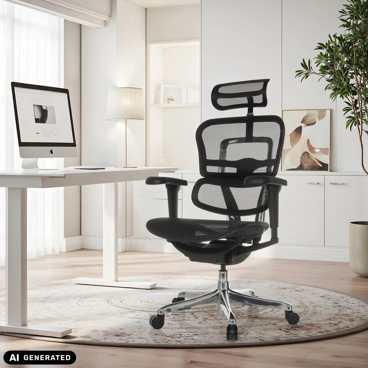 Poltrona di lusso nera ERGOHUMAN ULTRA GEN2 con schienale in rete in un home office di hjh OFFICE (immagine generata dall’IA)