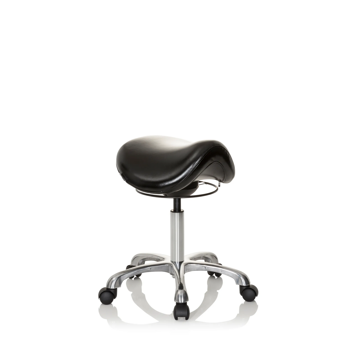 Sgabello a sella ORTHO SIT nero con crociera per i piedi e cinque ruote di hjh OFFICE – vista a 360° (vista frontale a tre quarti 40°)