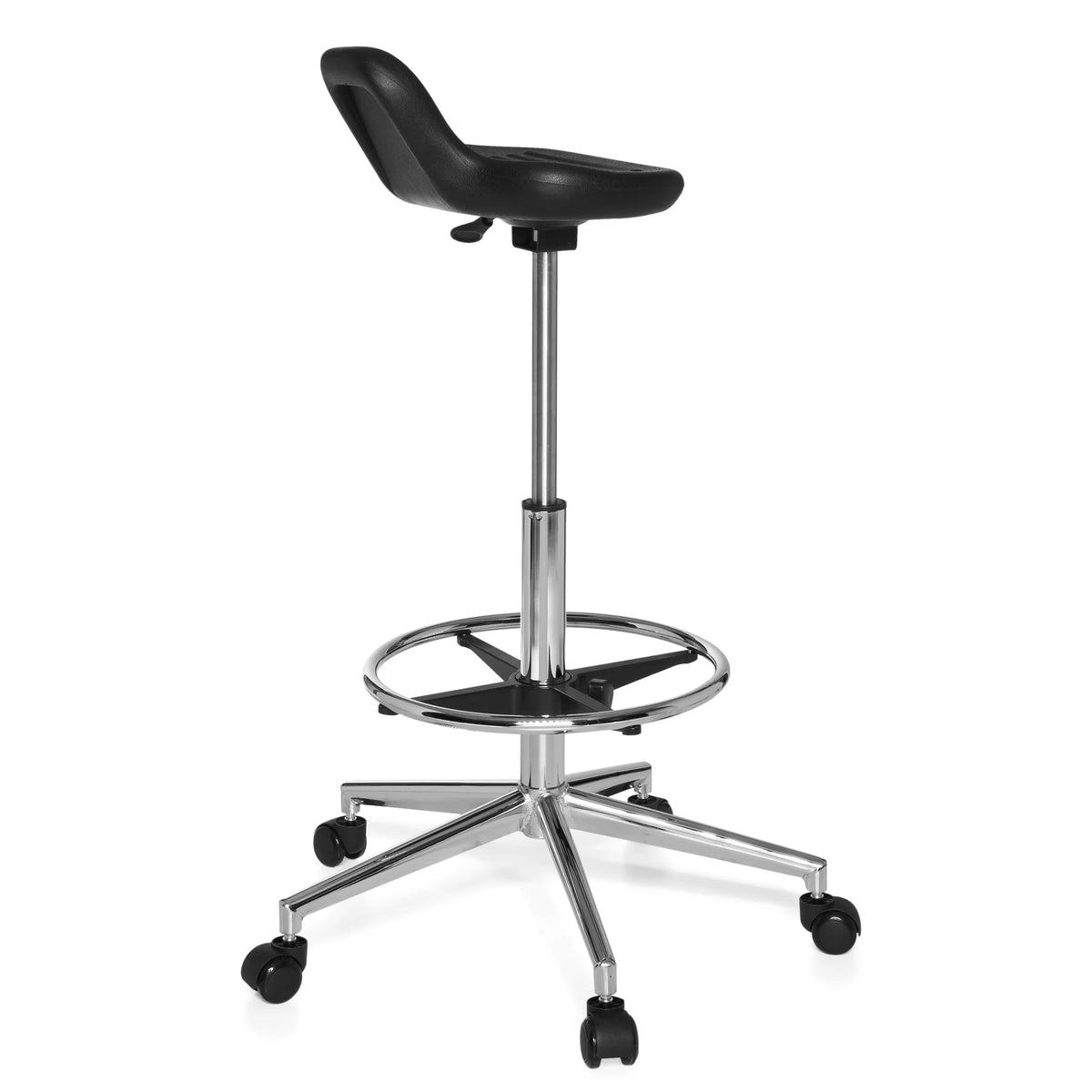 Sgabello girevole nero TOP WORK 03 con poggiapiedi e base a cinque ruote di hjh OFFICE – vista a 360° (vista posteriore a tre quarti 120°)