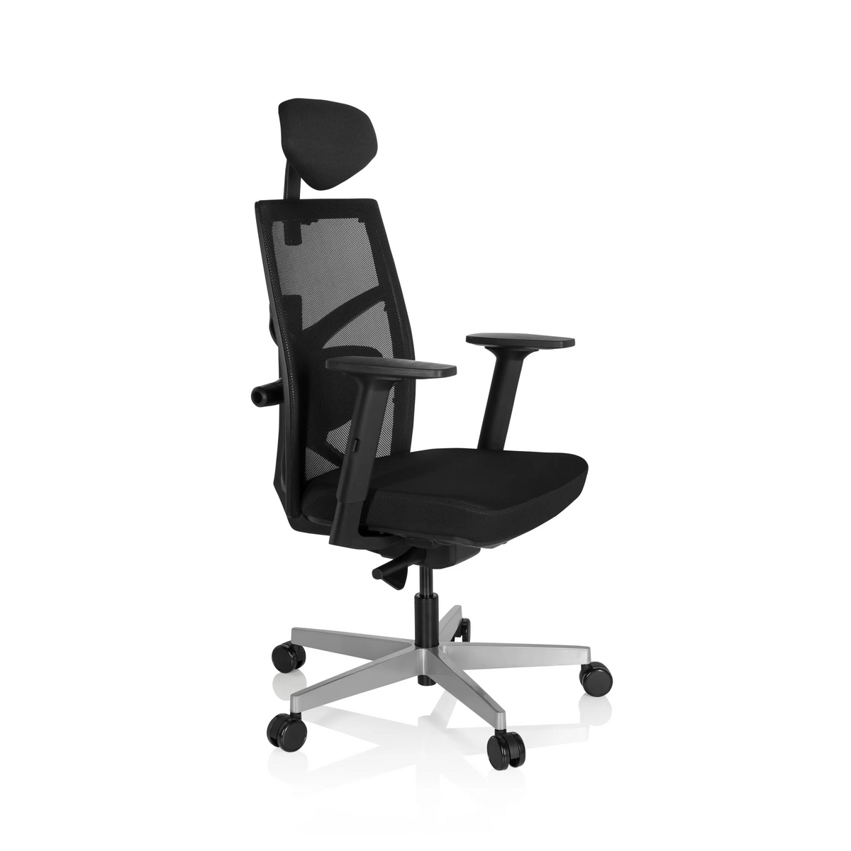 Sedia da ufficio professionale BELLAC nera con schienale in rete, poggiatesta e base a cinque ruote di hjh OFFICE – vista a 360° (vista frontale a tre quarti 60°)