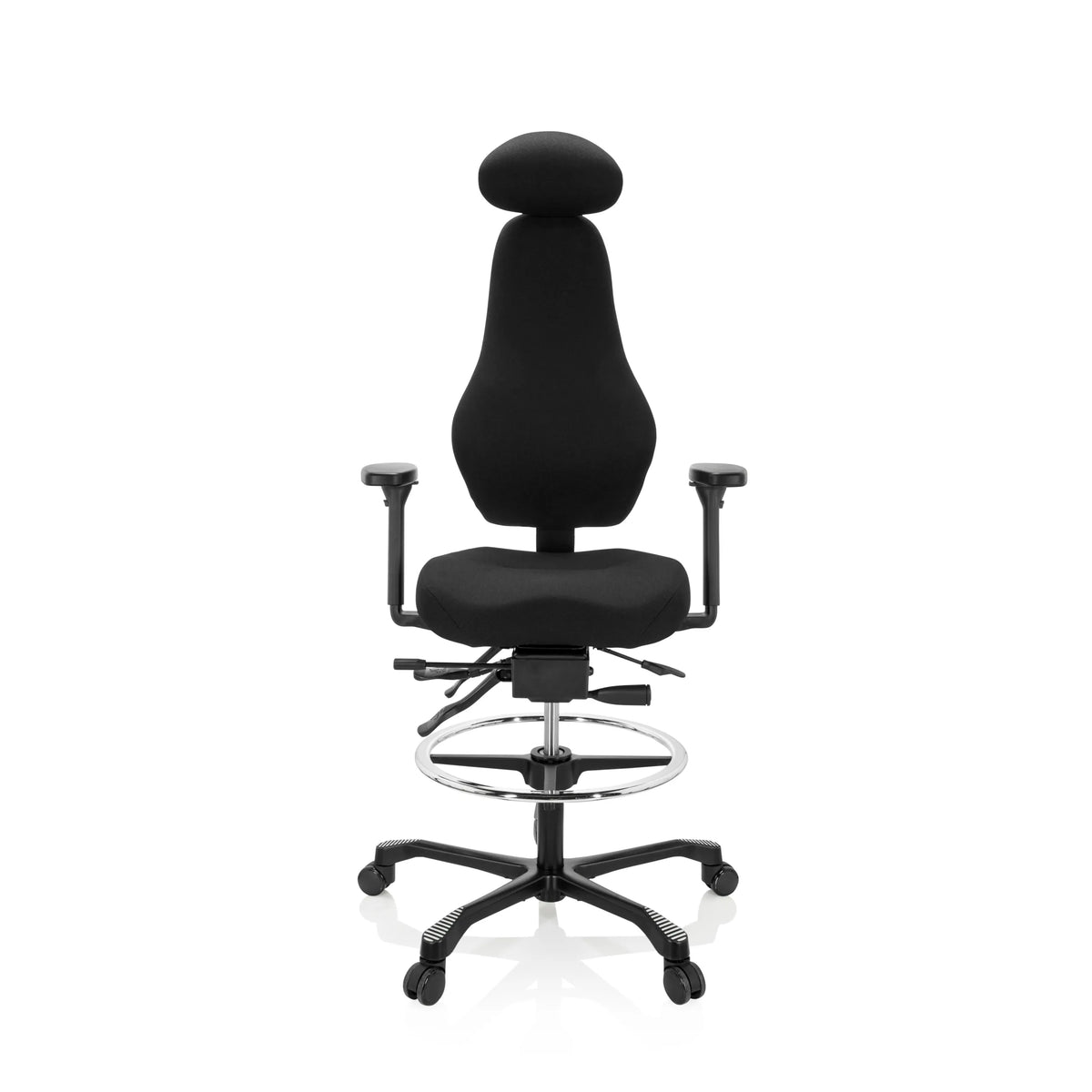 Sedia da banco RESISTIO WORK nera con poggiatesta, anello poggiapiedi e base a cinque ruote di hjh OFFICE – vista a 360° (vista frontale 0°)
