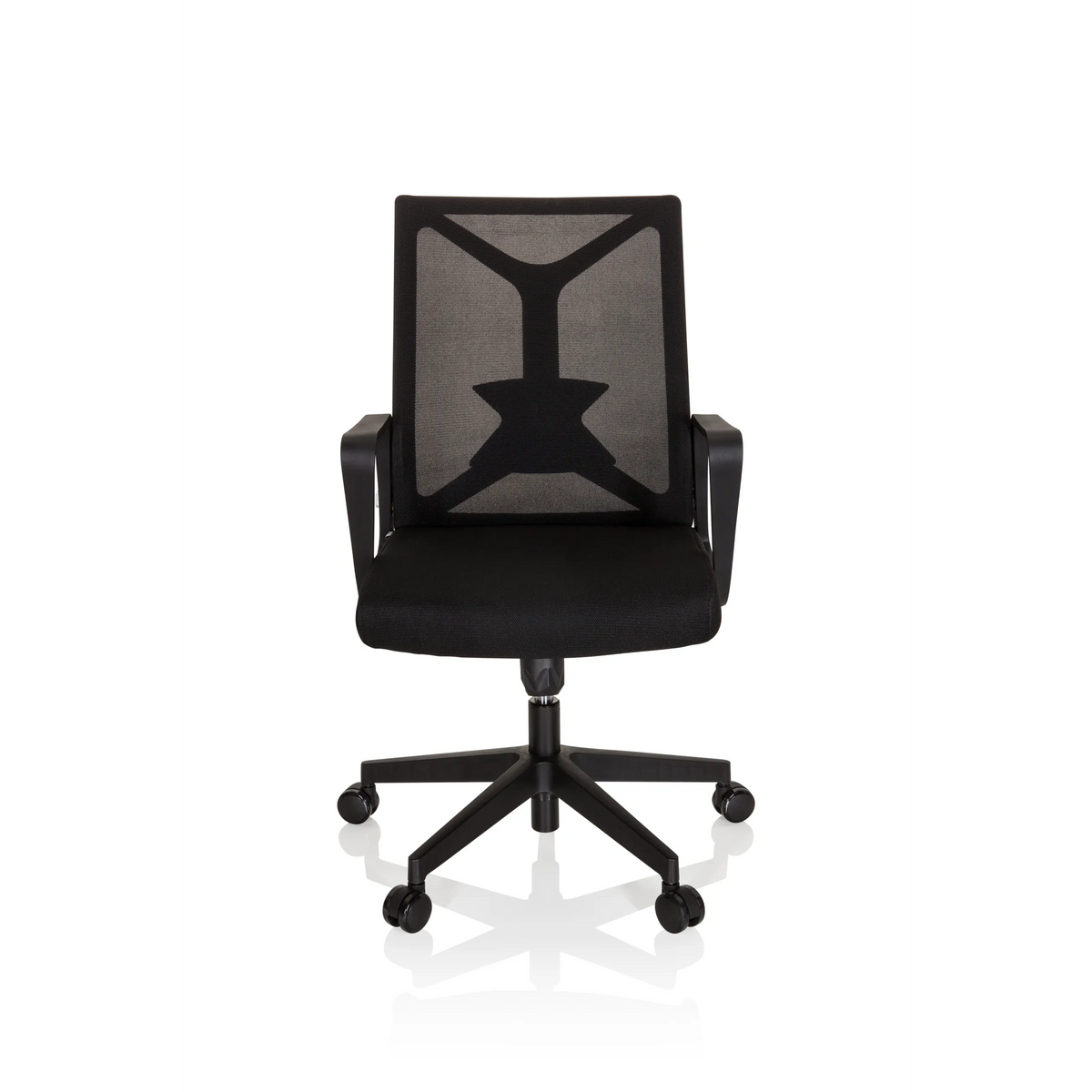 Sedia Home Office ENCO nera con schienale in rete e base a cinque ruote di hjh OFFICE – vista a 360° (vista frontale 0°)