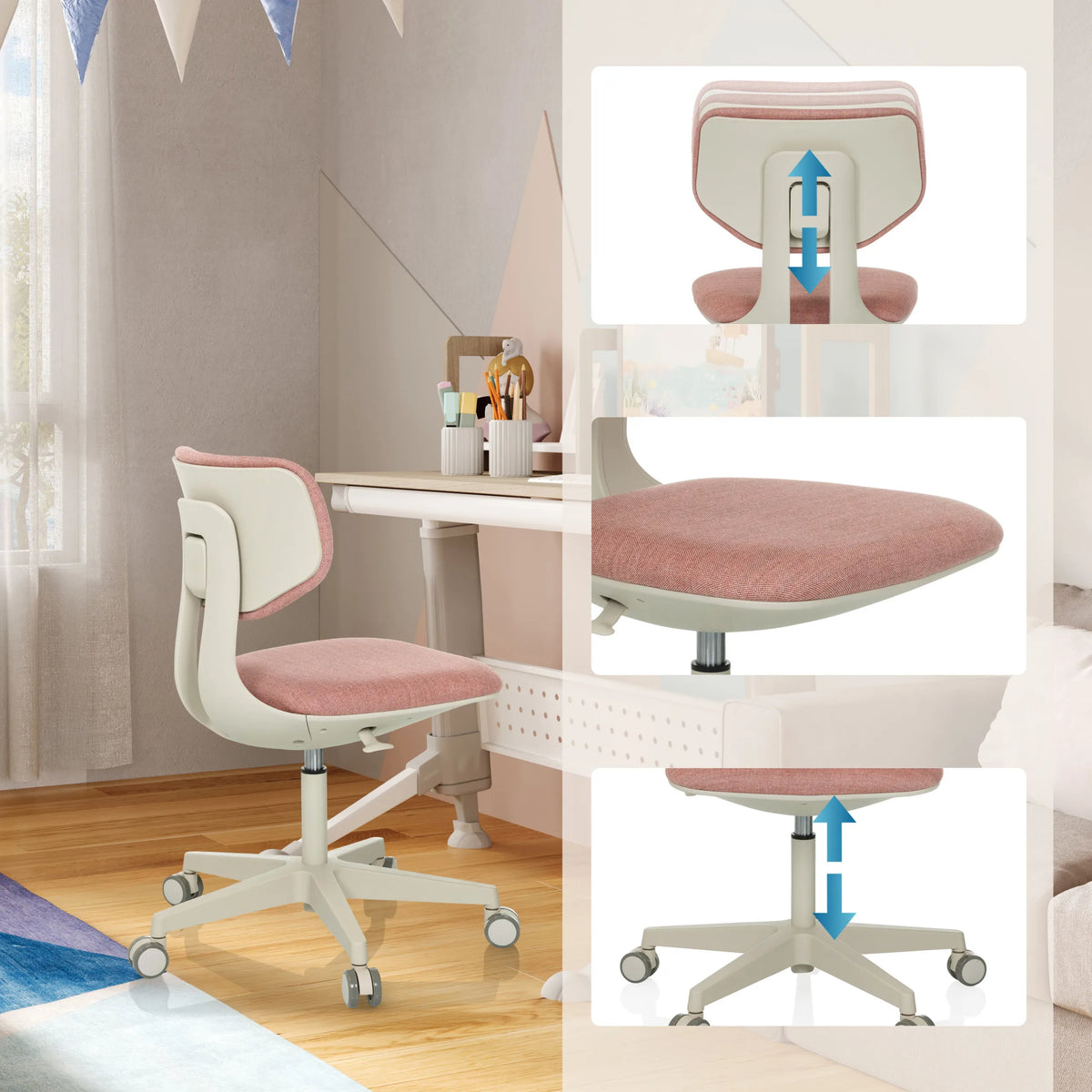 Schienale e seduta regolabili in altezza della Sedia girevole per bambini KID CLASSIC in rosa di hjh OFFICE