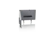 Divisorio per scrivania FLEXMIUT T TOP grigio con ripiano integrato e morsetti di fissaggio di hjh OFFICE – vista a 360° (vista frontale a tre quarti 45°)