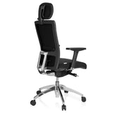 Sedia da ufficio professionale ASTRA LUX nera con poggiatesta, braccioli e base a cinque ruote di hjh OFFICE – vista a 360° (vista posteriore a tre quarti 120°)