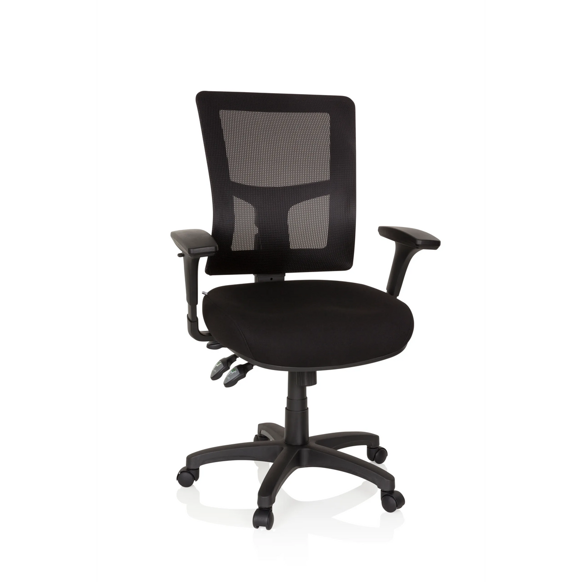 Poltrona professionale IMPACT PRO nera con schienale in rete e base a cinque ruote di hjh OFFICE – vista a 360° (vista frontale 20°)
