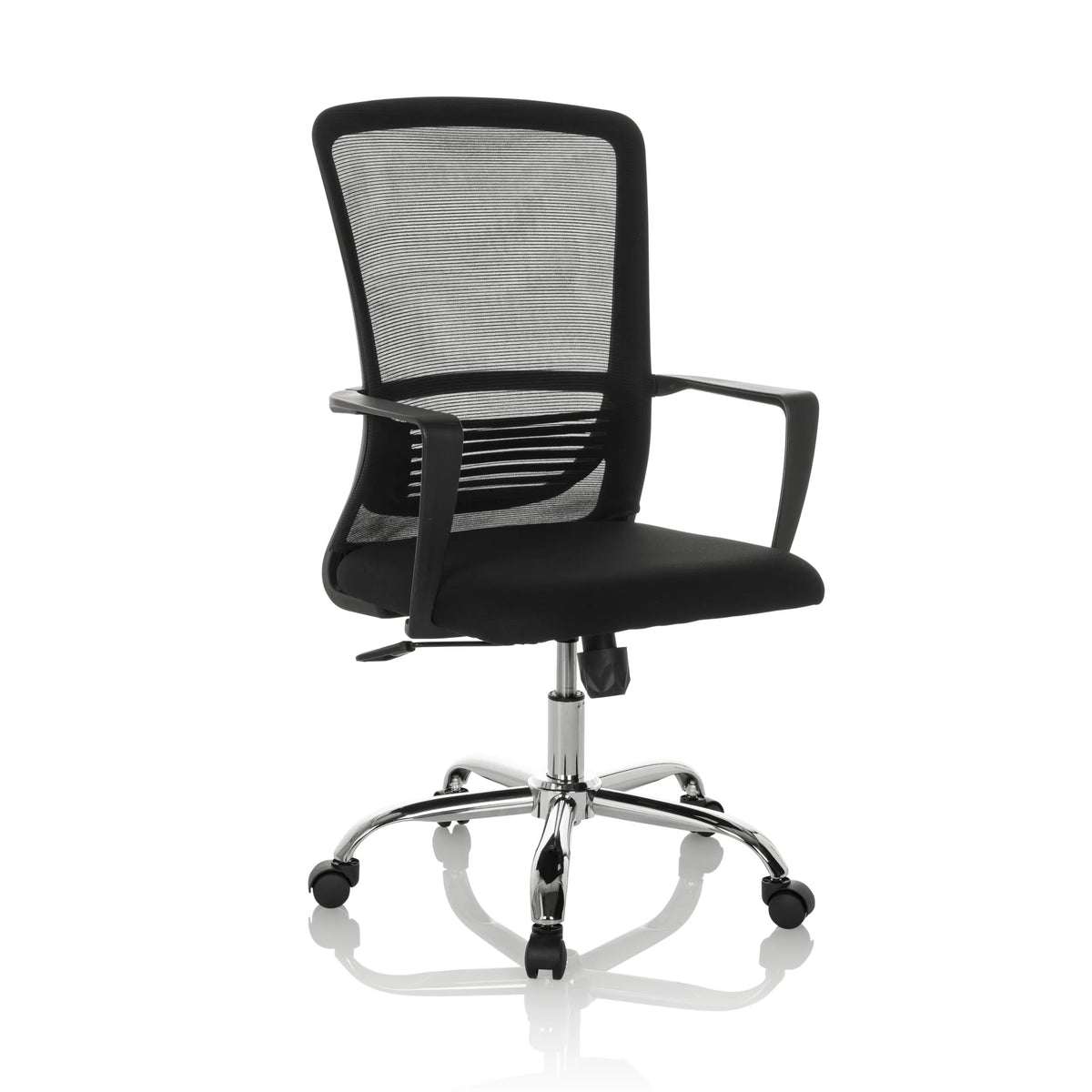 Sedia Home Office STAR-TEC S nera con schienale in rete e base a cinque ruote di hjh OFFICE – vista a 360° (vista frontale a tre quarti 30°)
