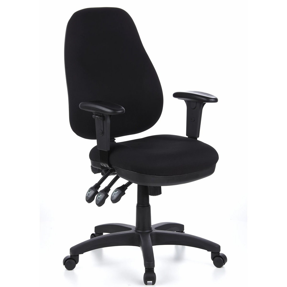 Sedia da ufficio professionale ZENIT PRO nera con braccioli e base a cinque ruote di hjh OFFICE – vista a 360° (vista frontale a tre quarti 40°)